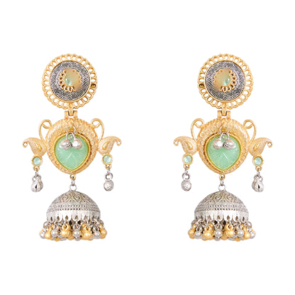 Dual - Tone Gold & Oxidized Silver Jhumka Earrings with Green Stone & Pearl Drops - Auraa Trends - Earrings -  - Auraa Trends - "Dual - tone oxidized silver and gold jhumka earrings with green stones, dome drop, and pearl detailing for ethnic or boho festive wear."