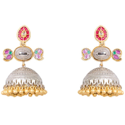 Dual - Tone Oxidized Jhumka Earrings with Colorful Enamel & Golden Beads - Auraa Trends - Earrings -  - Auraa Trends - Dual - tone oxidized jhumka earrings with colorful enamel detailing, silver dome and golden bead fringe – traditional Indian ethnic wear.