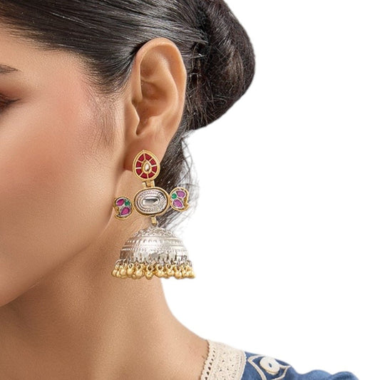 Dual - Tone Oxidized Jhumka Earrings with Colorful Enamel & Golden Beads - Auraa Trends - Earrings -  - Auraa Trends - Dual - tone oxidized jhumka earrings with colorful enamel detailing, silver dome and golden bead fringe – traditional Indian ethnic wear.