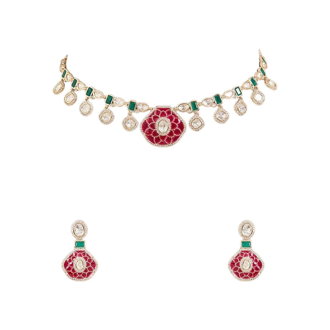 Pink and Green Kundan Choker Set with Earrings