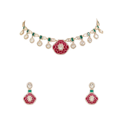 Pink and Green Kundan Choker Set with Earrings
