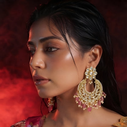 Kundan Chandbali Earrings with Pink Pearl Drops