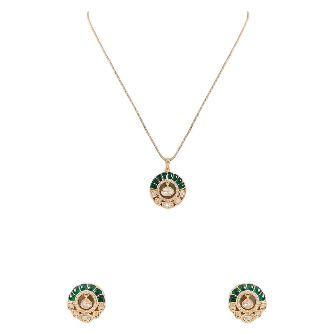 "Gold-tone kundan polki necklace and earring set with emerald-green enamel detailing and round uncut diamond-style pendant, on white background"