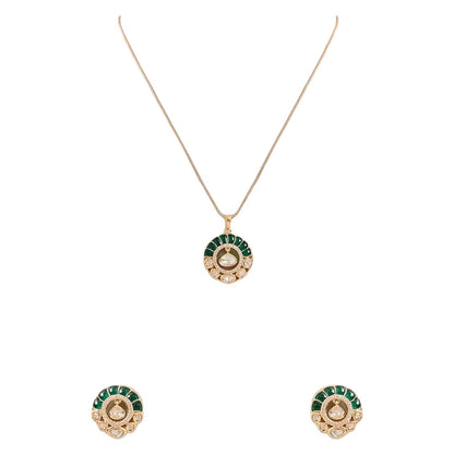 "Gold-tone kundan polki necklace and earring set with emerald-green enamel detailing and round uncut diamond-style pendant, on white background"