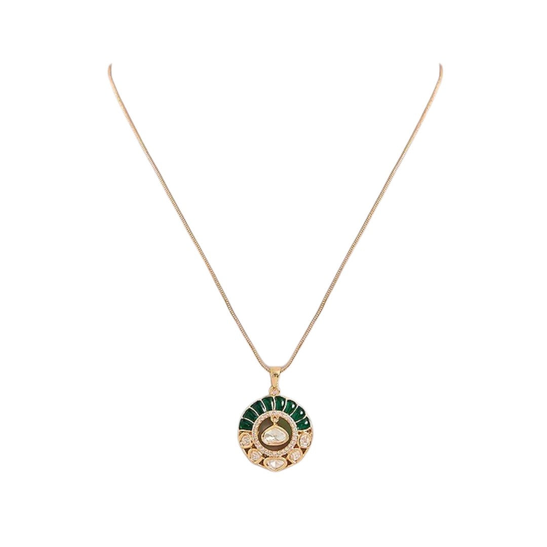Emerald Green Polki Diamond Pendant Necklace & Earring Set