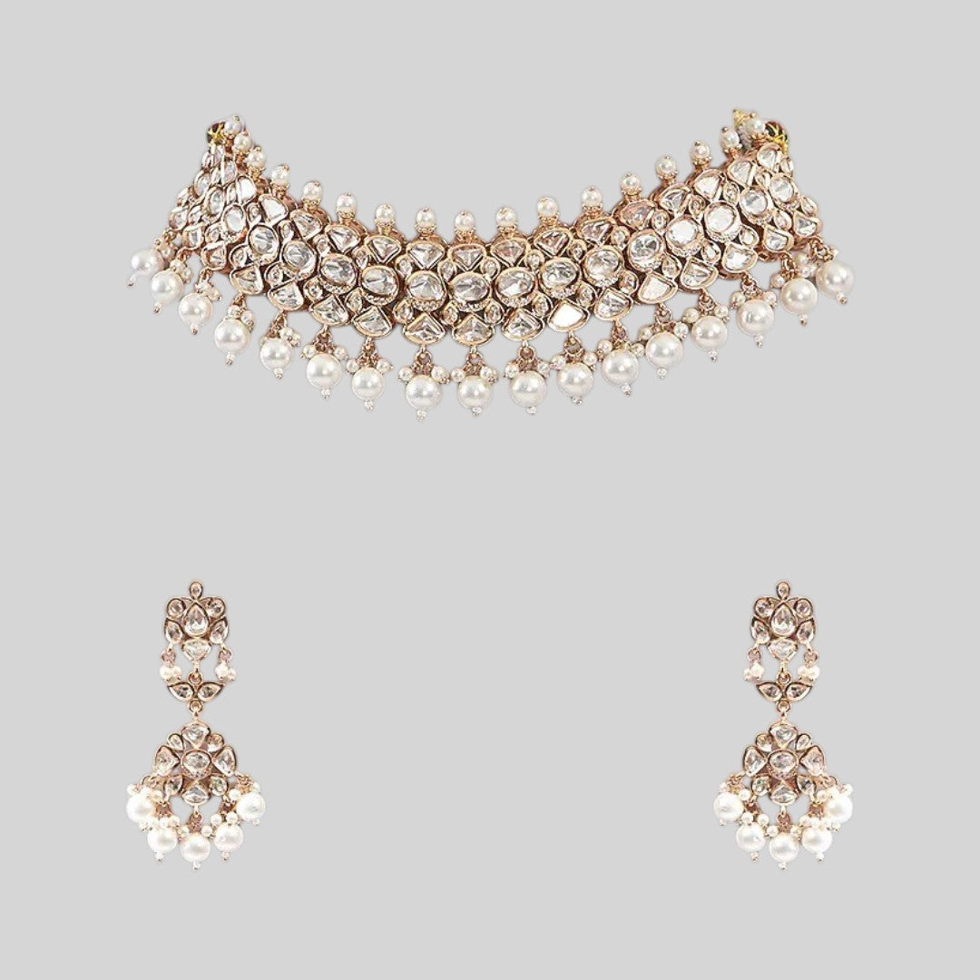Rose Gold Polki Kundan Choker Necklace Set with Pearl Drops
