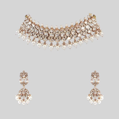 Rose Gold Polki Kundan Choker Necklace Set with Pearl Drops