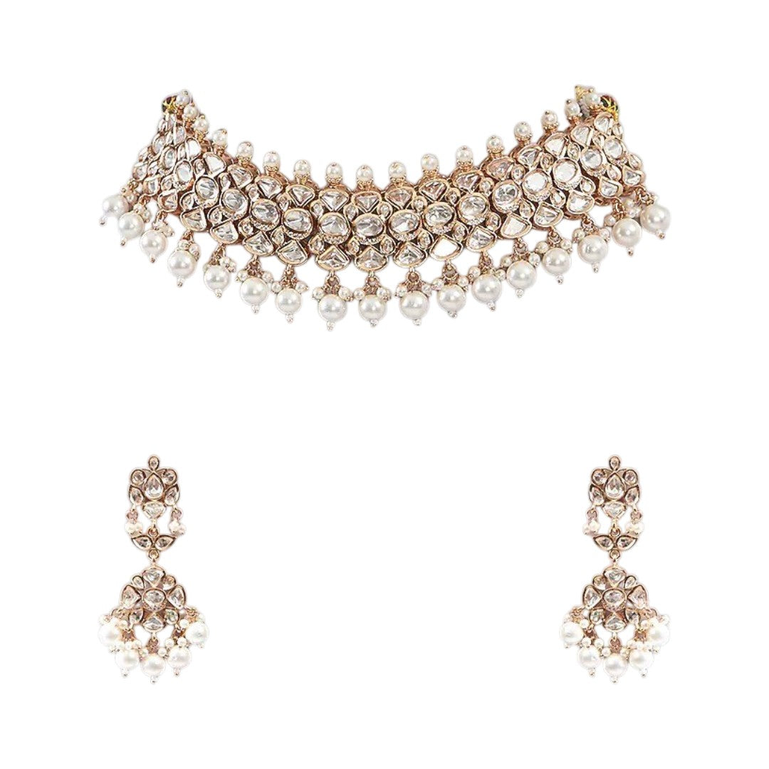 Rose gold polki kundan choker necklace with pearl drops and matching chandelier earrings