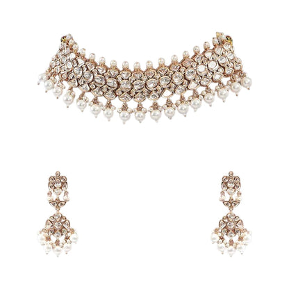 Rose gold polki kundan choker necklace with pearl drops and matching chandelier earrings