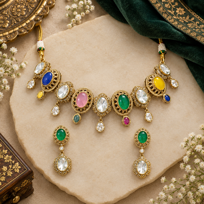 Antique gold plated Victorian multicolour choker necklace set with blue, pink, green and yellow oval stones and matching green drop earring