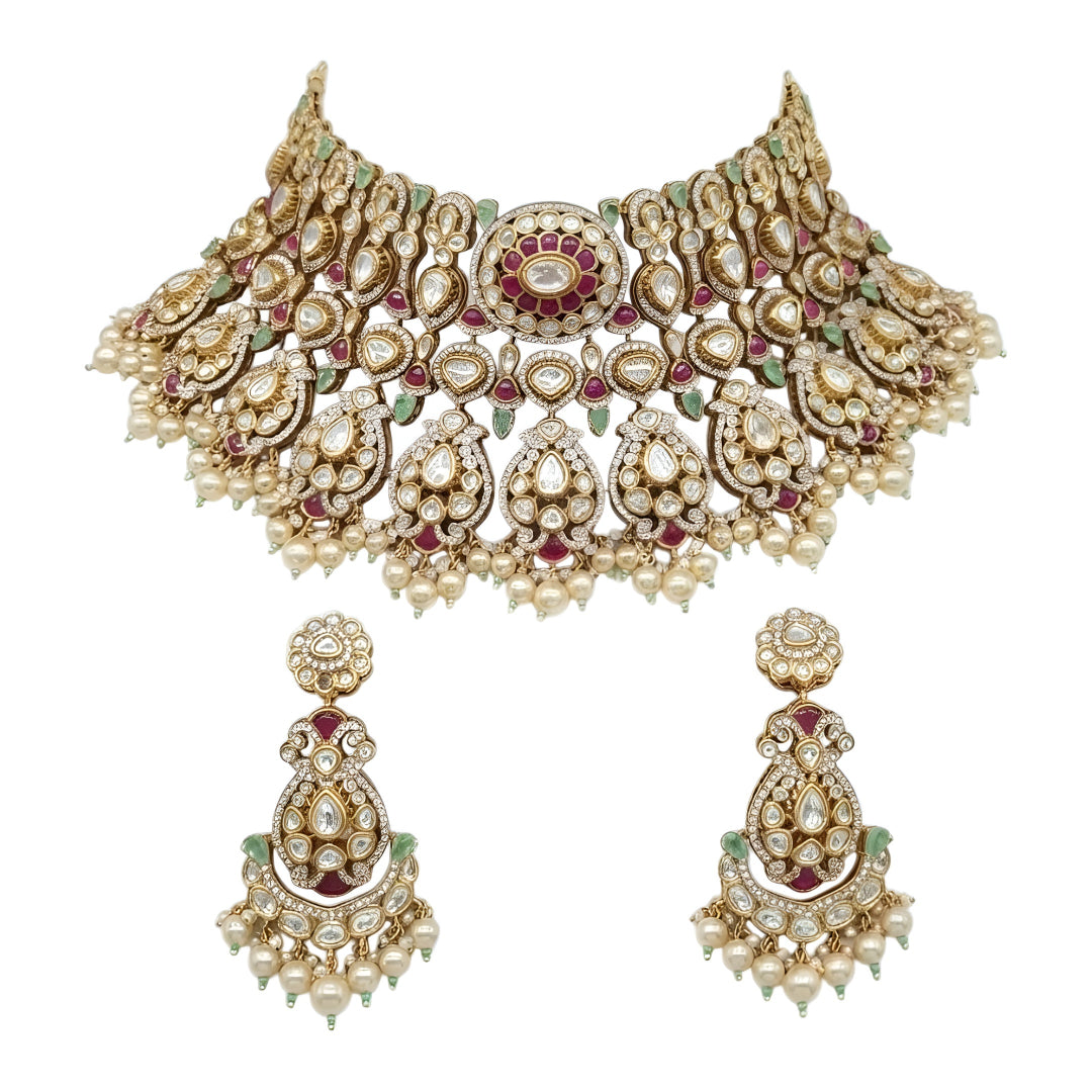 "Antique gold kundan polki bridal choker necklace set with ruby, emerald and pearl drops, paired with matching chandbali earrings"