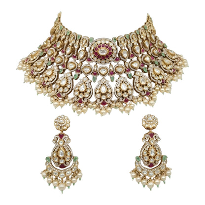 "Antique gold kundan polki bridal choker necklace set with ruby, emerald and pearl drops, paired with matching chandbali earrings"