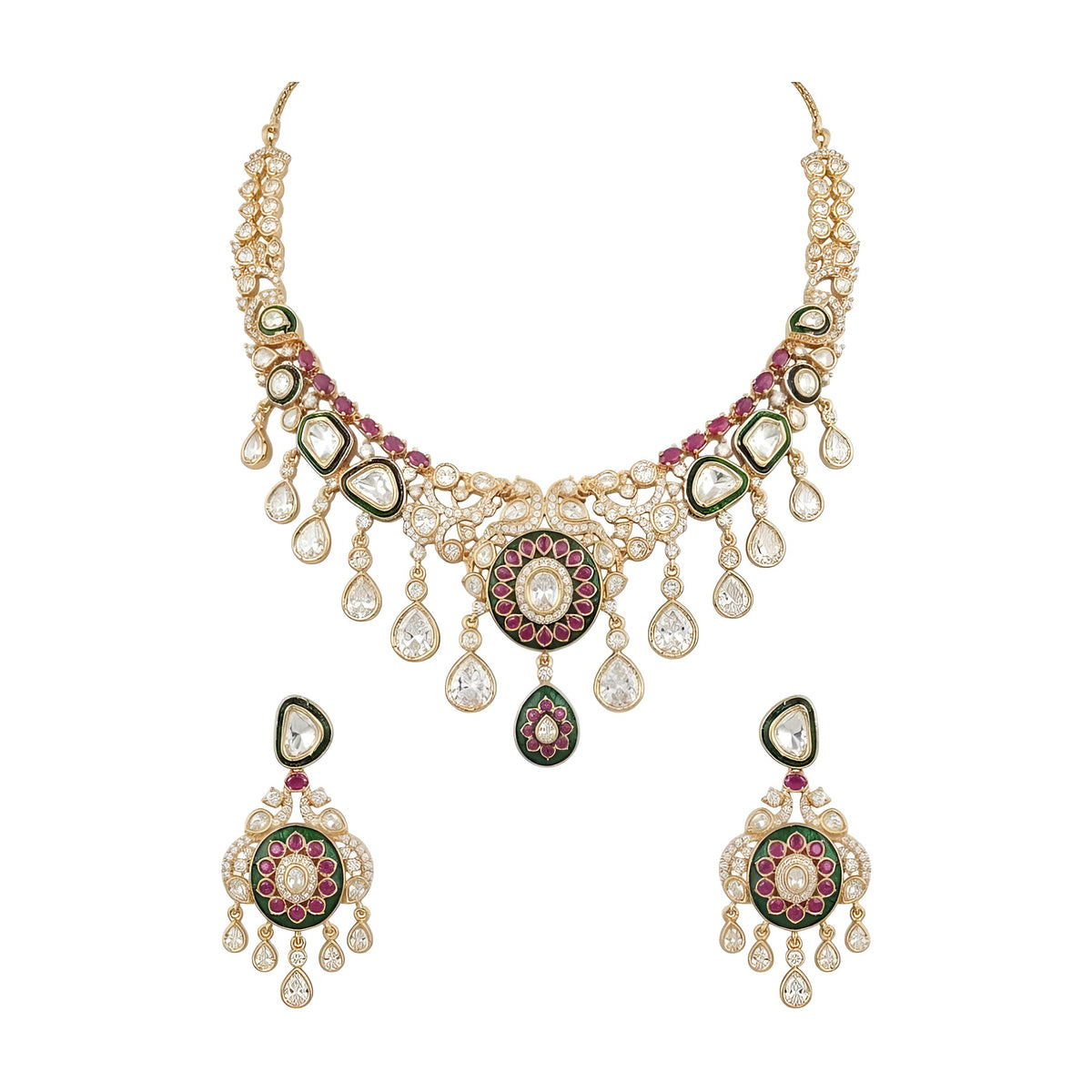 Bridal Polki-Style Necklace Set with Teardrop Drops