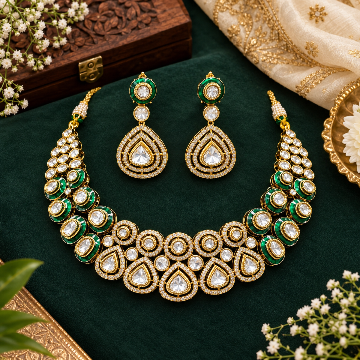 Gold-tone emerald green kundan choker necklace set with zircon halo medallions, pear-shaped clear stones and matching pear drop earrings on dark green velvet