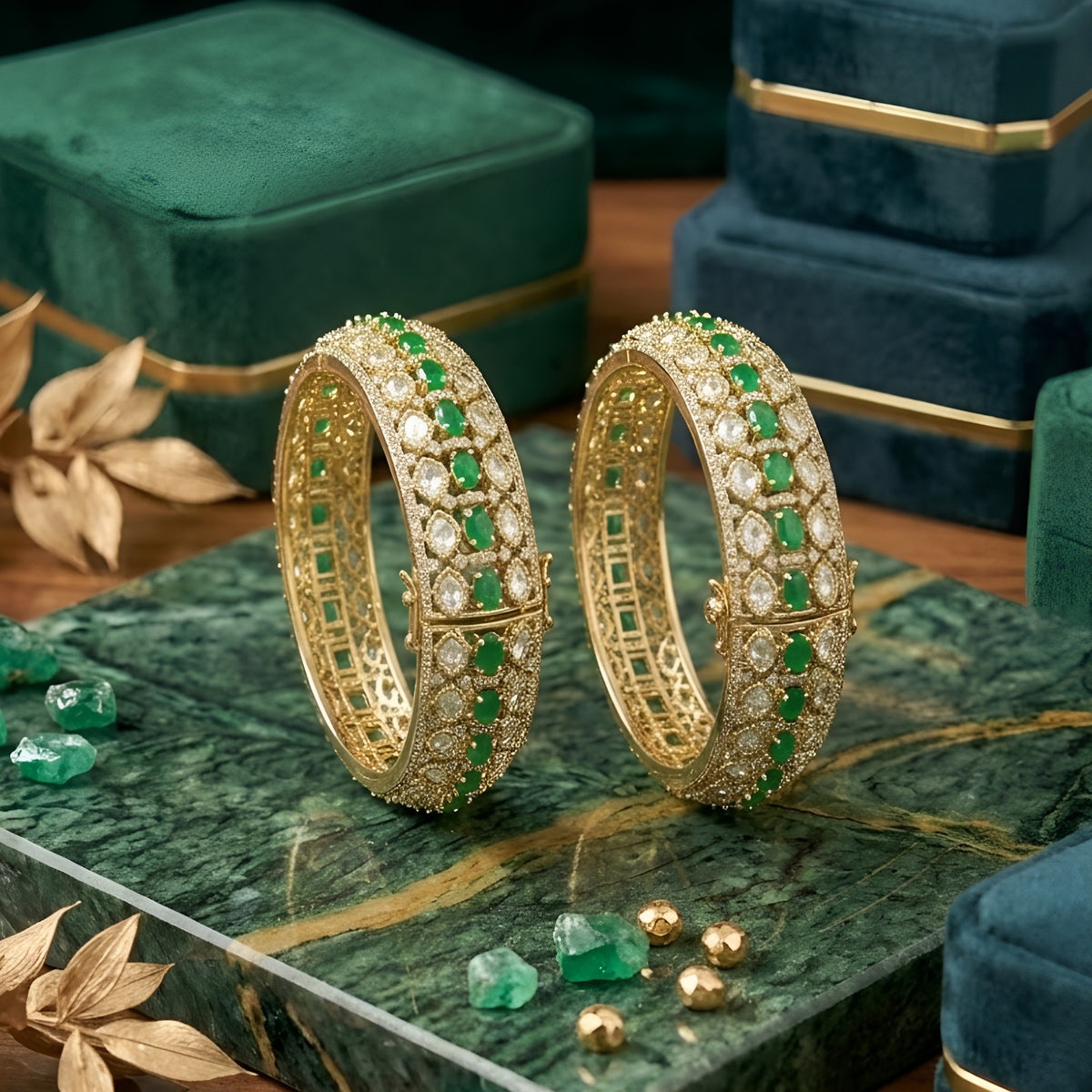 Pair of gold-finish wide kada bangles with emerald-green oval stones, polki-style clear stones, and American diamond edging
