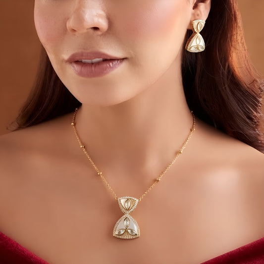 White Enamel Zircon Pendant Necklace and Earrings Set