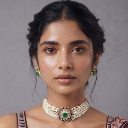 Kundan Pearl Choker Set with Green Stone Earrings