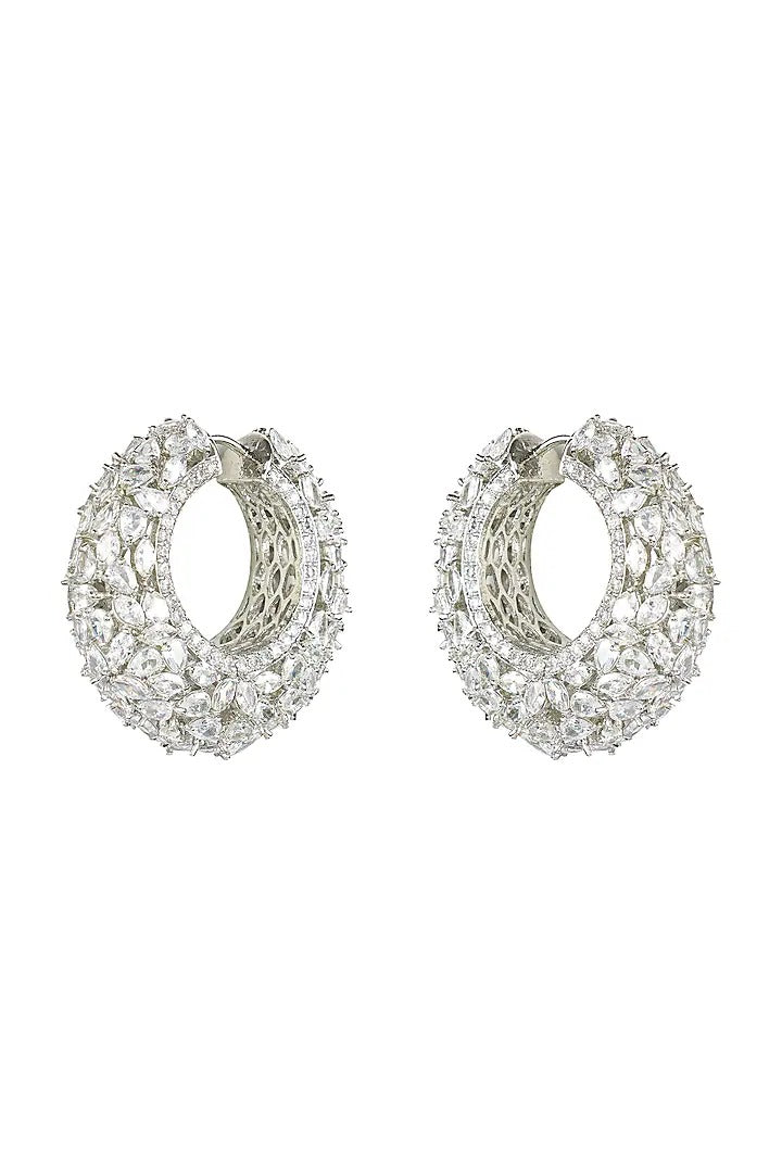 Rhodium-plated American diamond huggie hoop earrings with pear and marquise cut zircon stones and pavé edge