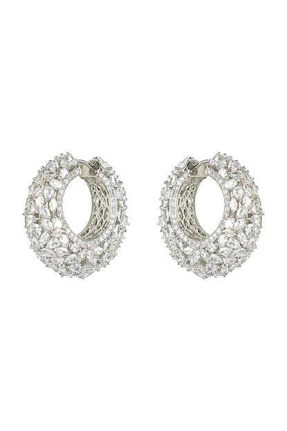 Rhodium-plated American diamond huggie hoop earrings with pear and marquise cut zircon stones and pavé edge