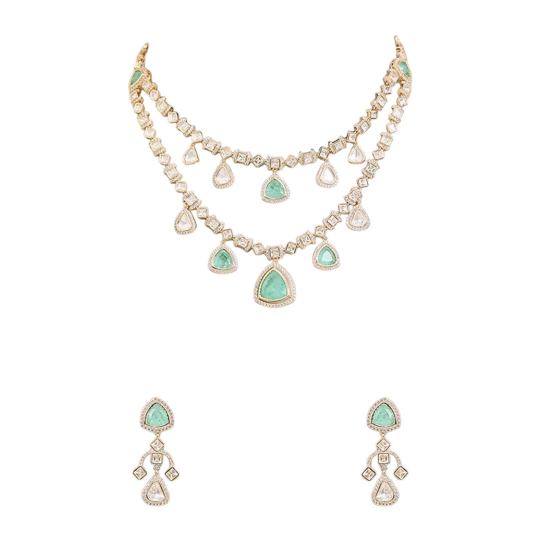 Gold finish two-layer American diamond necklace set with mint green triangular stones, polki-style clear drops and matching chandelier earrings – Auraa Trends