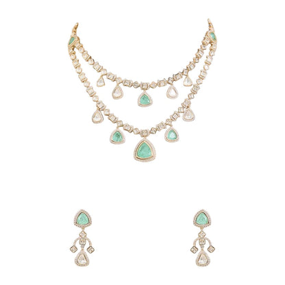 Gold finish two-layer American diamond necklace set with mint green triangular stones, polki-style clear drops and matching chandelier earrings – Auraa Trends