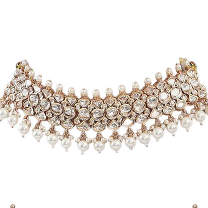 Rose Gold Polki Kundan Choker Necklace Set with Pearl Drops