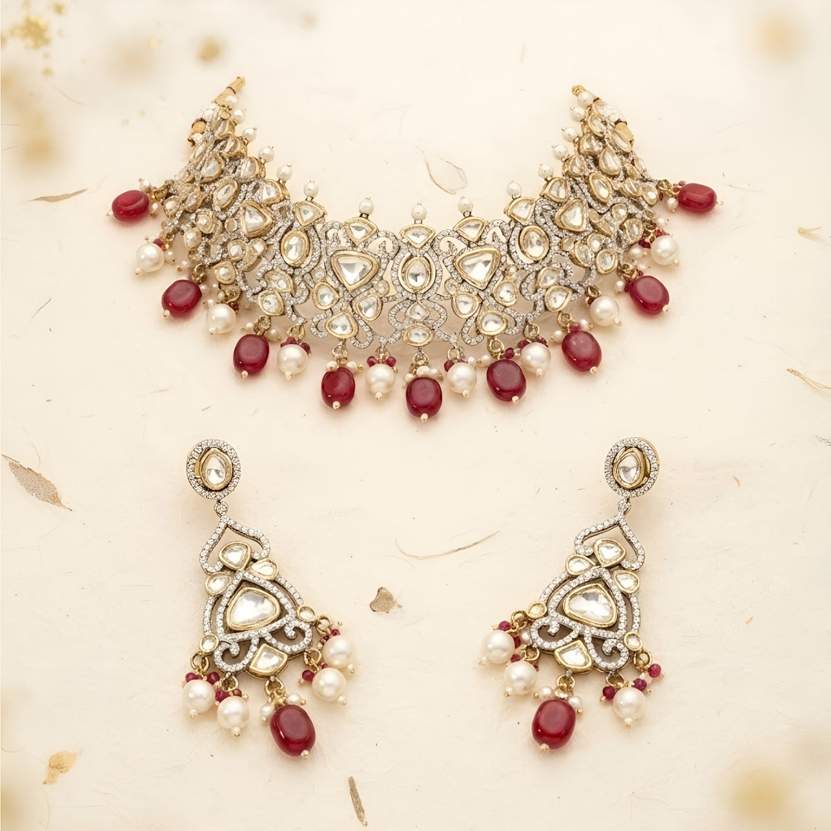 Polki Kundan Bridal Choker Set with Ruby Red Drops