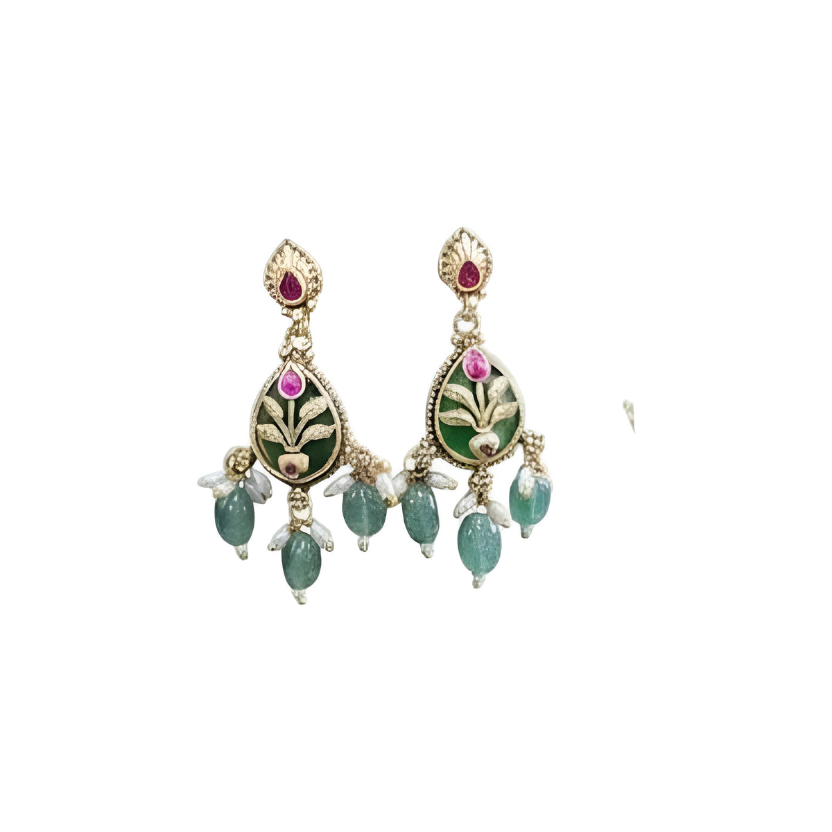 Antique gold plated necklace set with dark green pear medallions, pink stones, mint green bead and pearl drops and matching earrings on a blue bust