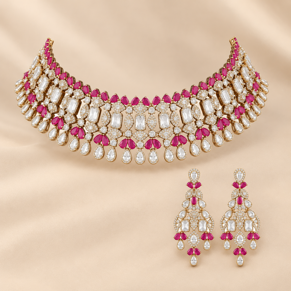 Ruby and CZ bridal choker necklace set with matching drop earrings