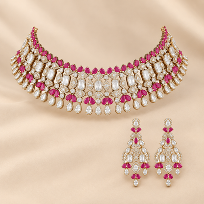 Ruby and CZ bridal choker necklace set with matching drop earrings