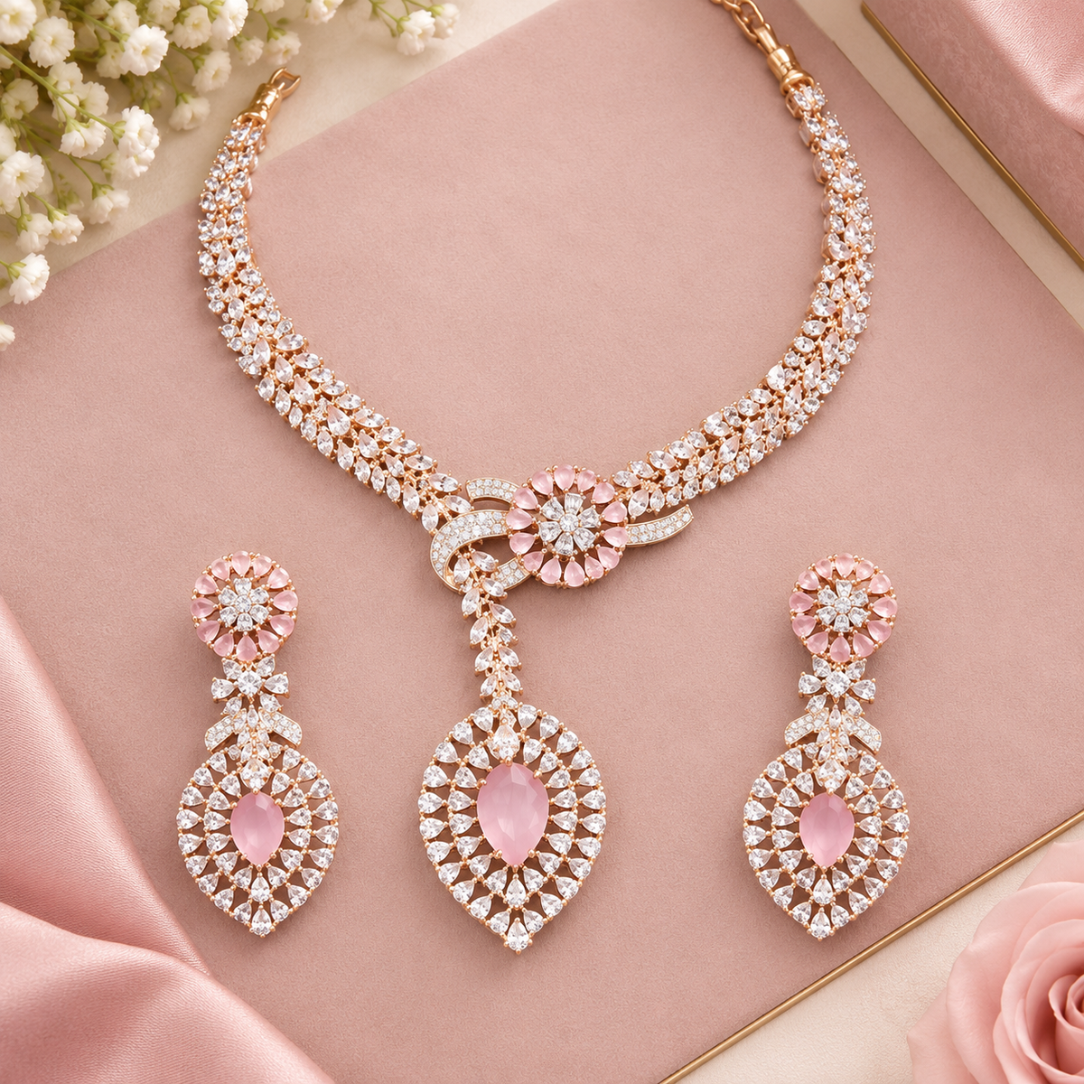 Rose gold plated pink American diamond necklace set with knot design, pink pear drop pendant and matching earrings
