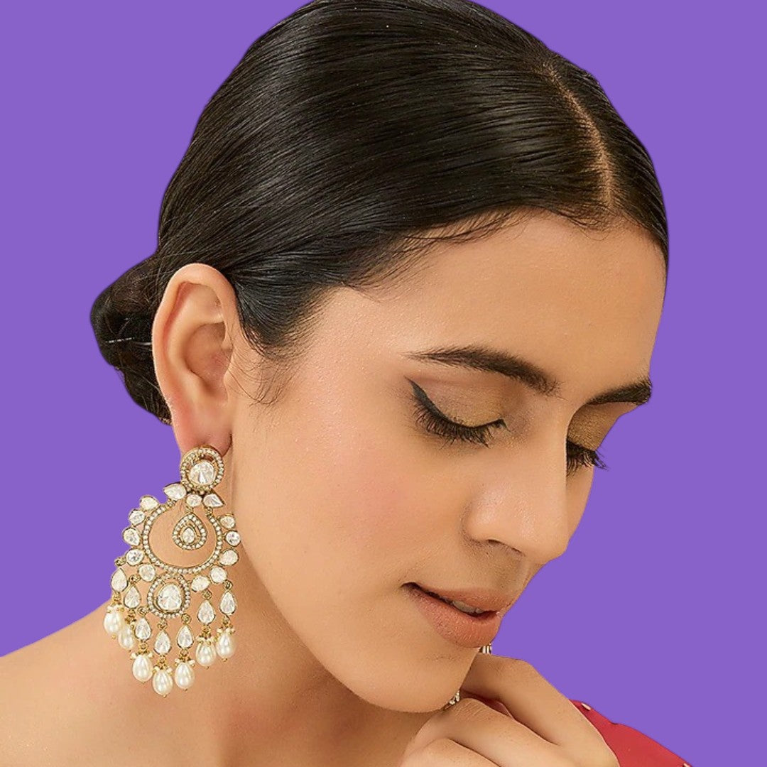 Antique gold polki chandbali earrings with pear-shaped stones, zircon halo and teardrop pearl drops
