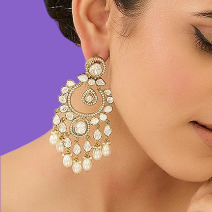 Antique gold polki chandbali earrings with pear-shaped stones, zircon halo and teardrop pearl drops