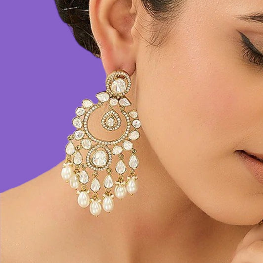 Antique gold polki chandbali earrings with pear-shaped stones, zircon halo and teardrop pearl drops
