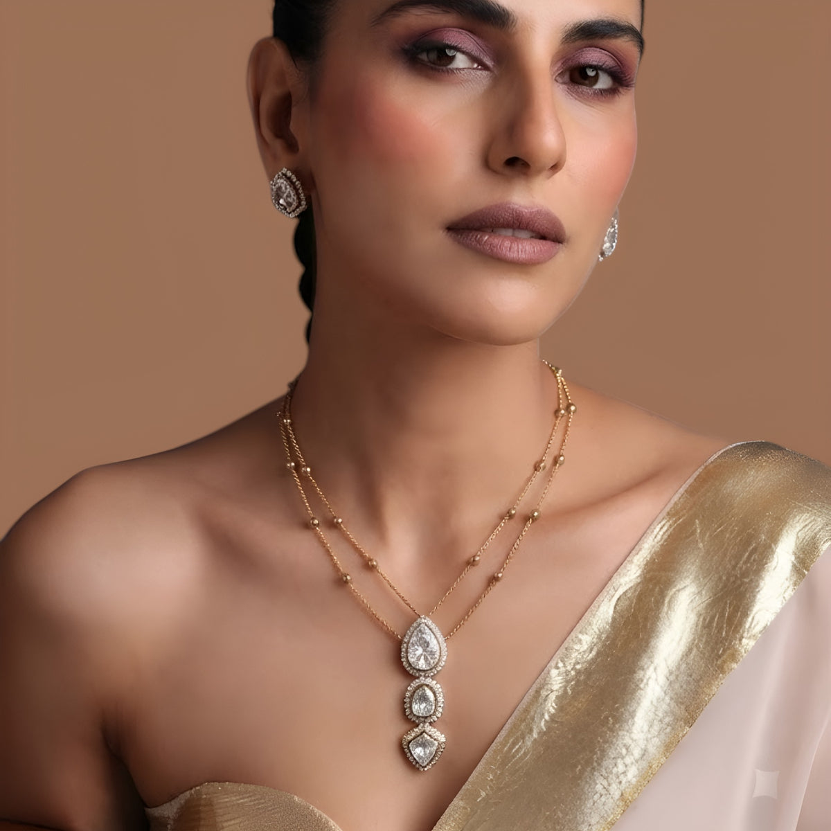 Layered American Diamond Necklace Set with Drop Pendant
