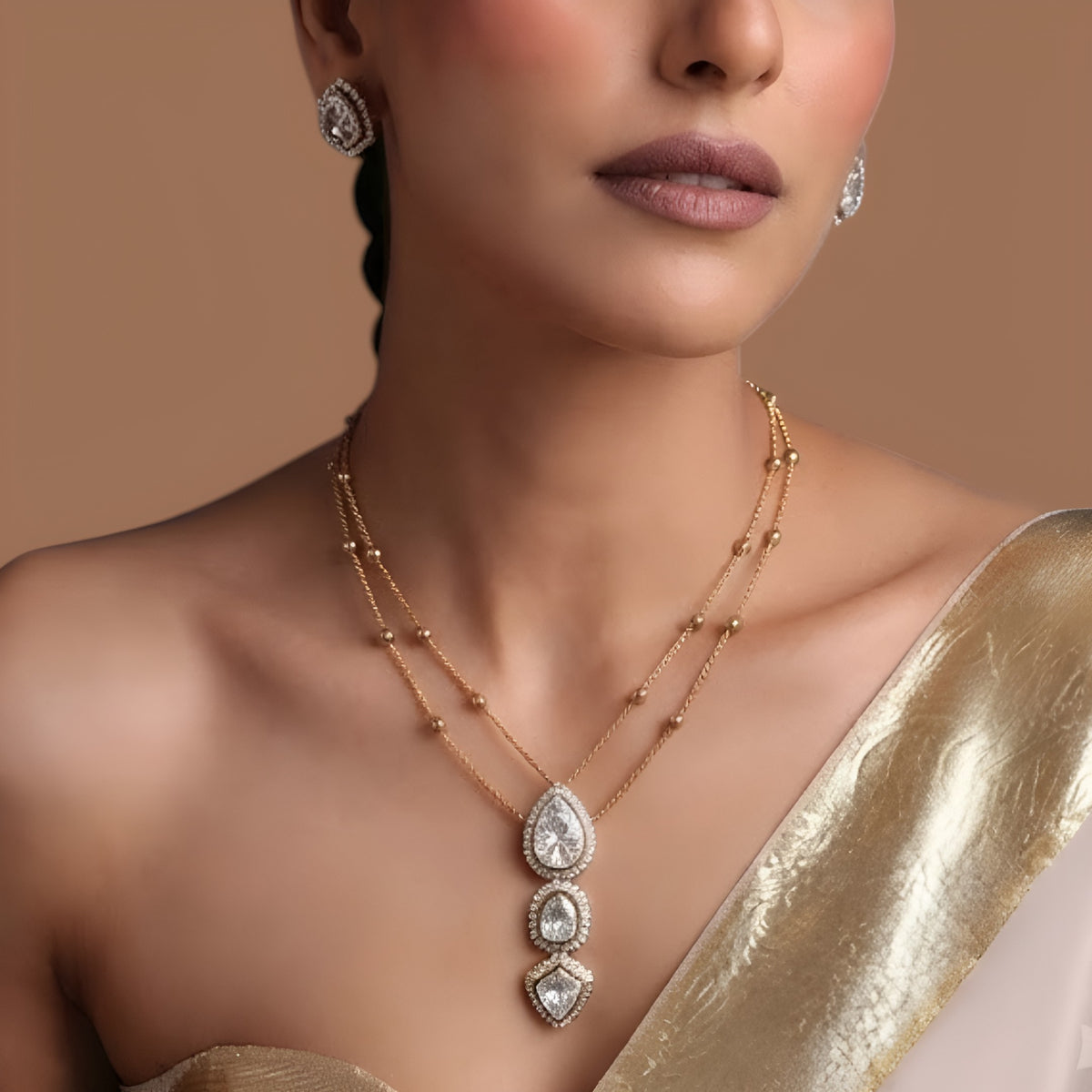 Layered American Diamond Necklace Set with Drop Pendant