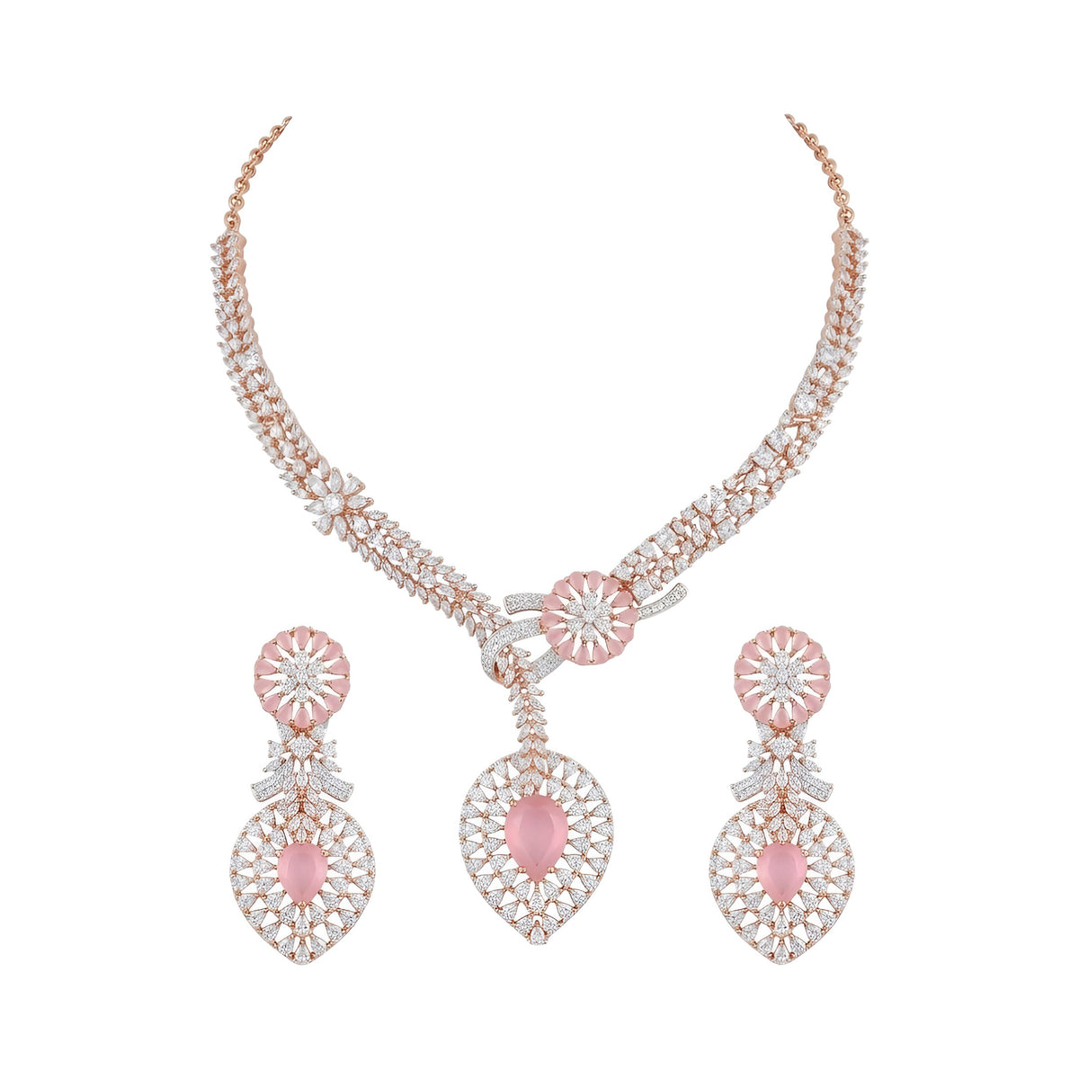 Rose gold plated pink American diamond necklace set with knot design, pink pear drop pendant and matching earrings