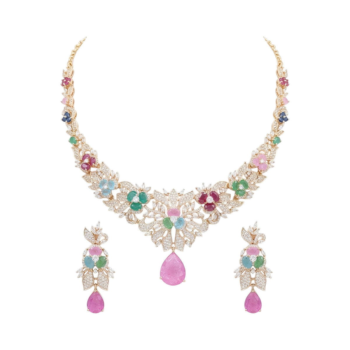 Rose gold plated American diamond necklace set with multicolour pastel flower stones, pink teardrop pendant and matching earrings