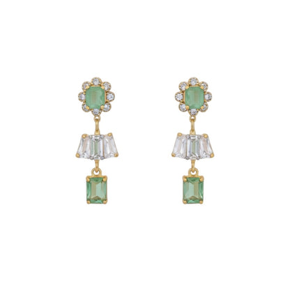 Gold-plated green and white American diamond necklace set with matching earrings on red display stand"