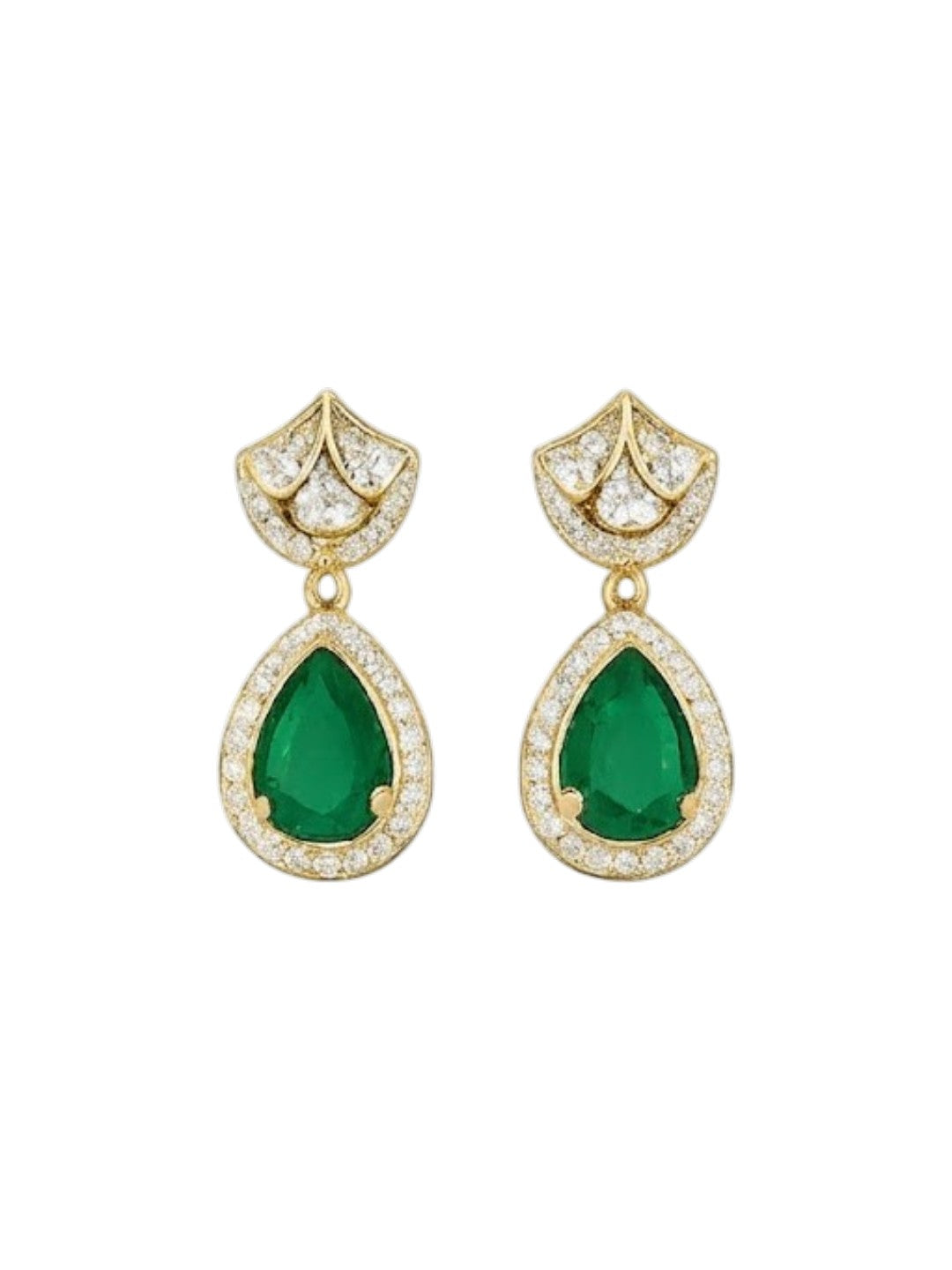 Gold-plated necklace set featuring emerald green teardrop pendant and matching drop earrings embellished with American diamonds.