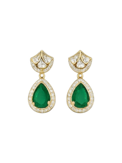 Gold-plated necklace set featuring emerald green teardrop pendant and matching drop earrings embellished with American diamonds.