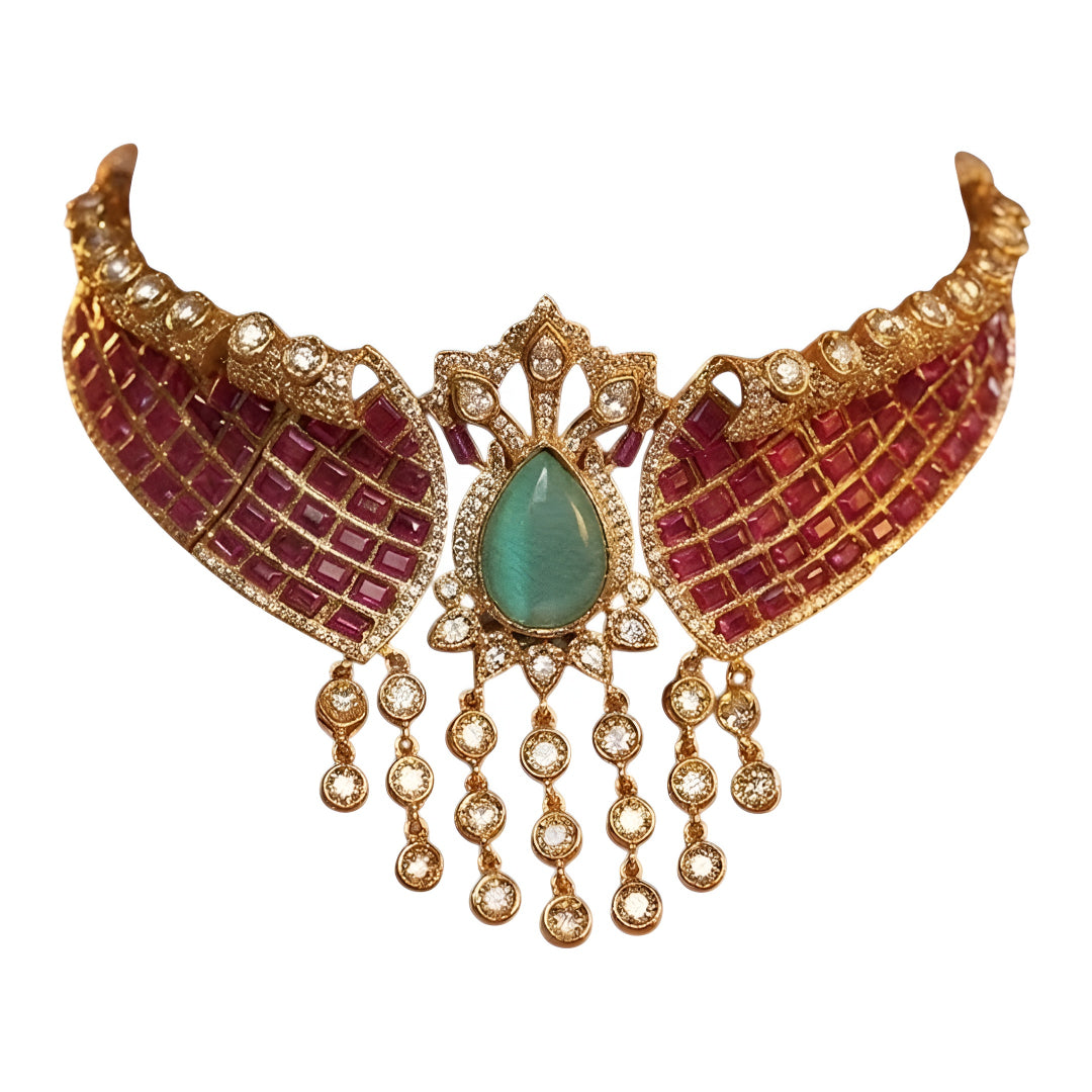 Royal Pink Kundan Choker Necklace Set with Green Stone & Pearl Drop Earrings for Women