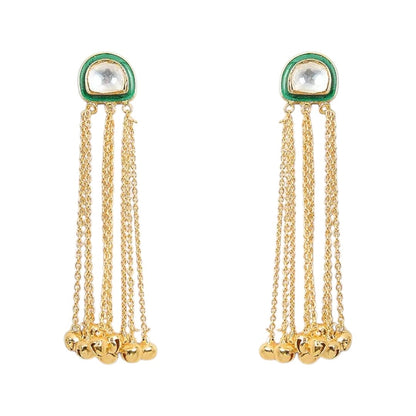 Minimalist Green Kundan Stud with Multi-Chain Golden Dangler Earrings