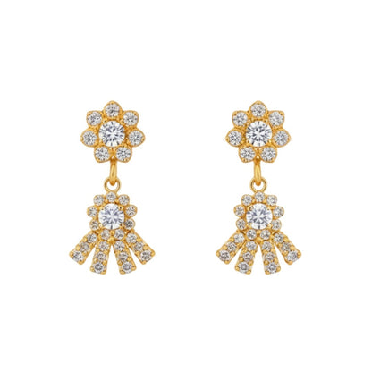 "Gold-plated floral necklace set with stone-studded motifs and matching earrings displayed on black stand – ideal for weddings and festive wear."