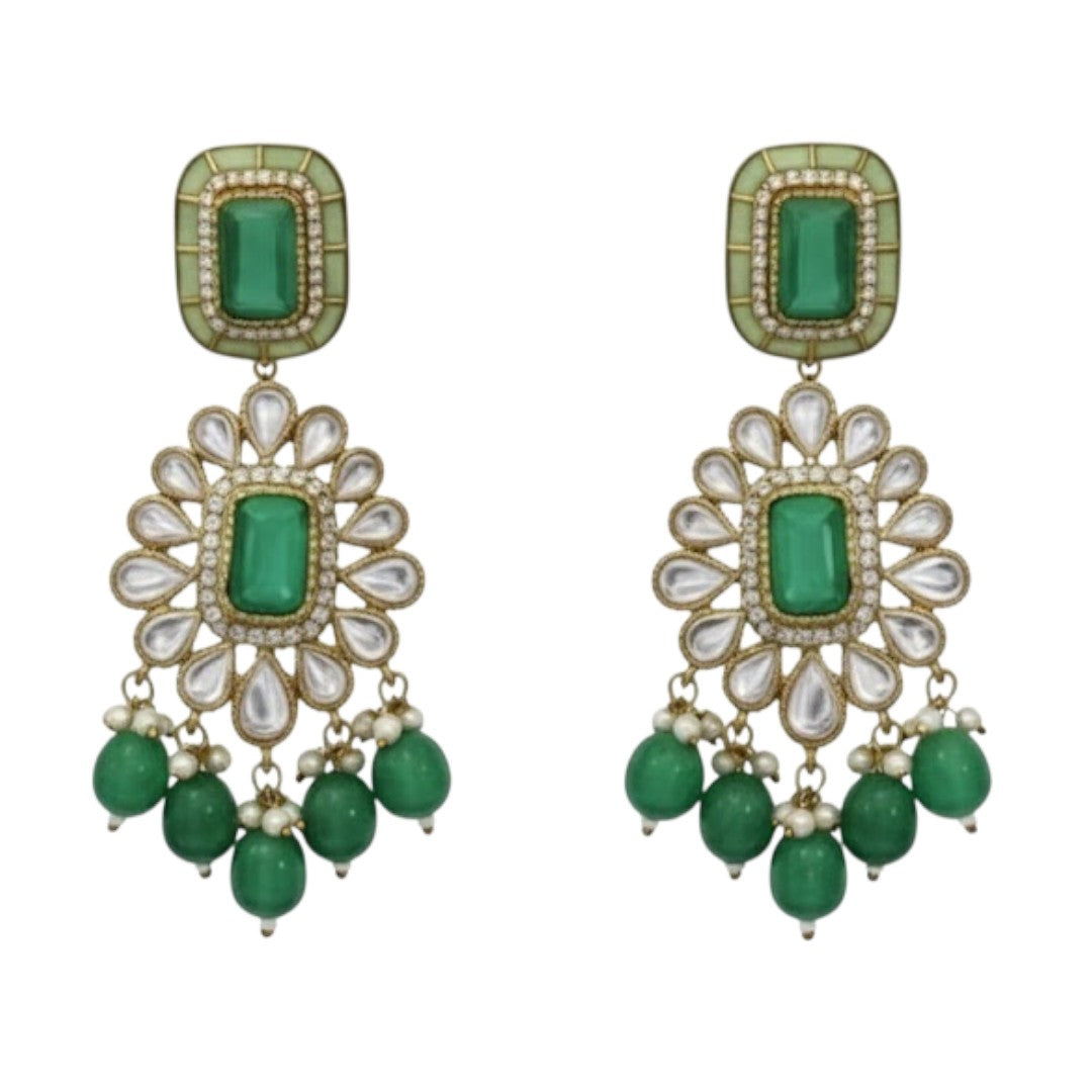 "Gold-plated kundan choker necklace set with green beads and matching earrings – traditional Indian jewelry for women"