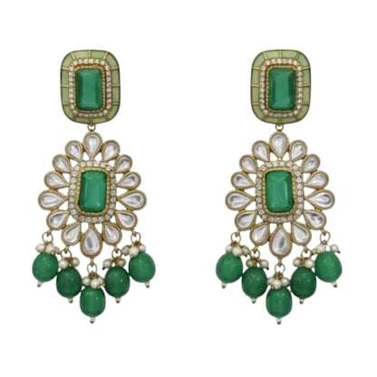 "Gold-plated kundan choker necklace set with green beads and matching earrings – traditional Indian jewelry for women"