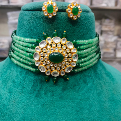 Green Beaded Kundan Choker Necklace Set with Matching Stud Earrings for Women
