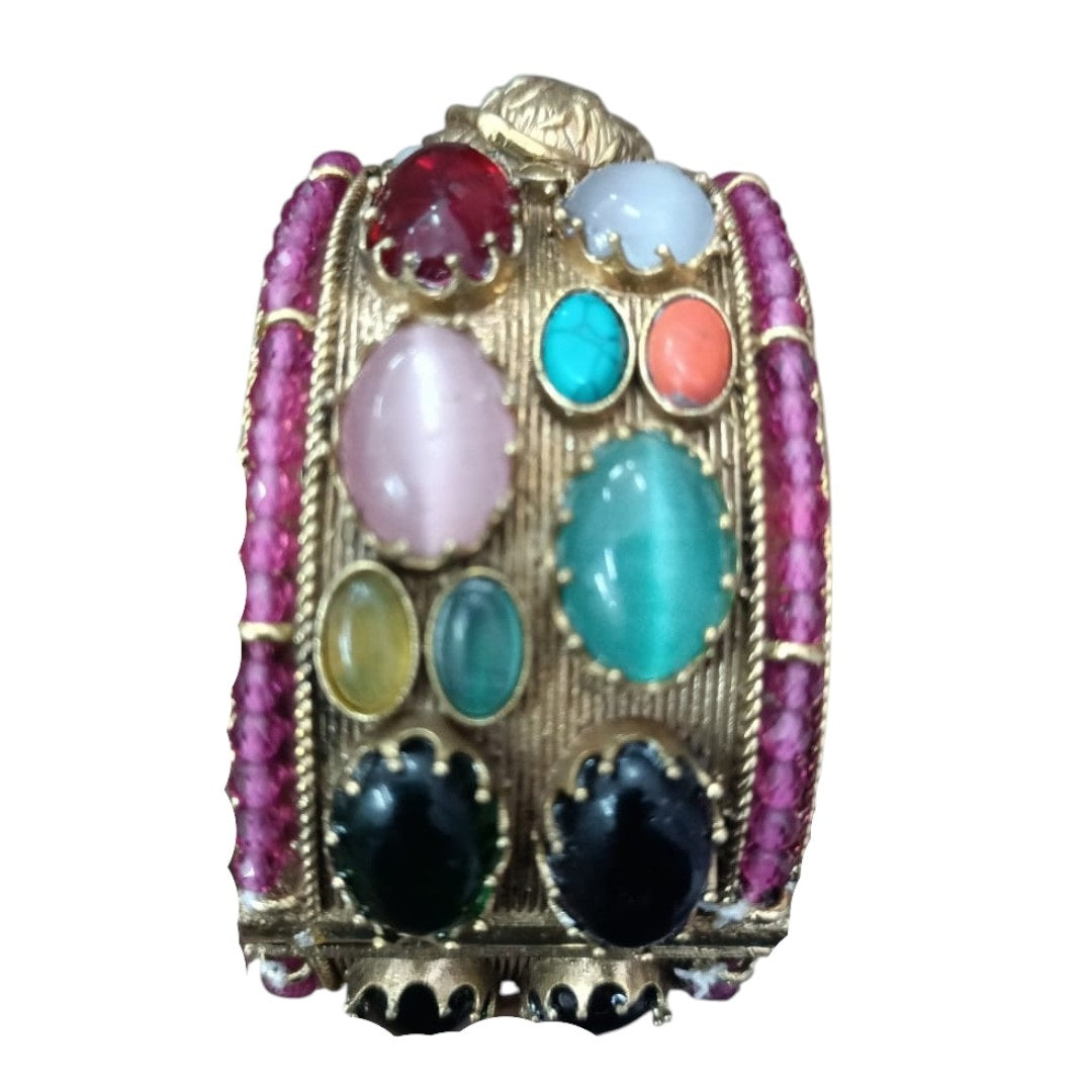 Antique gold-plated Navratna bangle with multi-colored gemstones