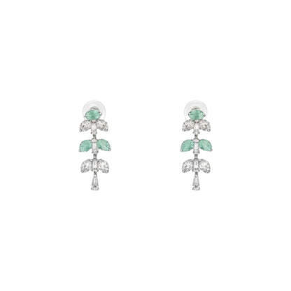 Silver necklace and matching earrings set with green and clear crystals displayed on a red velvet jewelry stand, perfect for weddings and formal events.
