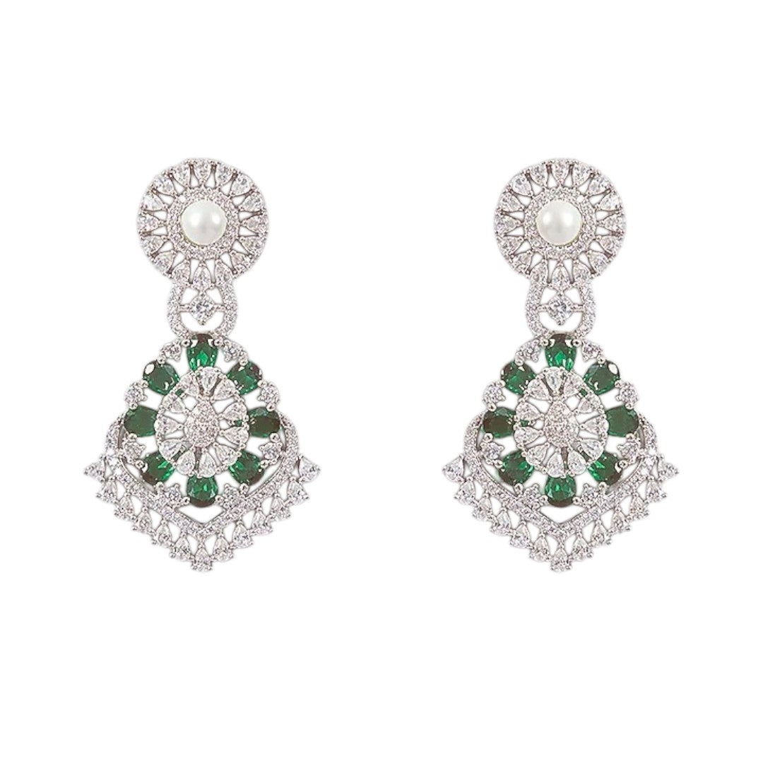 Silver and Green CZ Stone-Plated Designer Necklace Set with Matching Earrings for Women